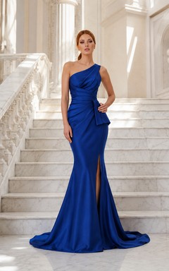 Königsblaues, einseitig schulterfreies Meerjungfrauen-Abendkleid mit Schlitz