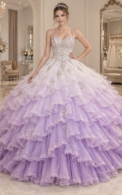 Lilac Ombre Sweetheart Spaghetti Wedding Ball Gown with Beaded Lace Edged Organza Cascades