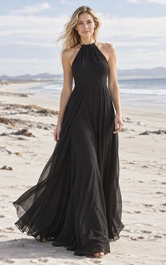 Schlichtes schwarzes Neckholder-Brautkleid mit hohem Kragen und fließender A-Linie