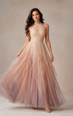 Blush Mauve Gradient Strapless Tulle Ruffled Evening Gown