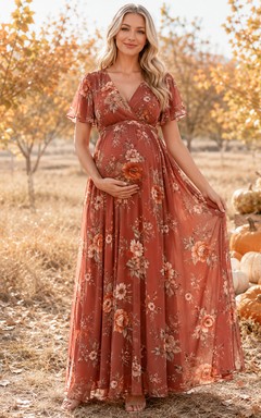 Robe de maternité automne en mousseline de soie à manches papillon et col V, coupe trapèze, ornée de fleurs rouille