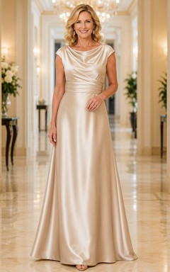 Champagnerfarbenes Satin-Kleid mit Wasserfallausschnitt und A-Linien-Design für Mütter