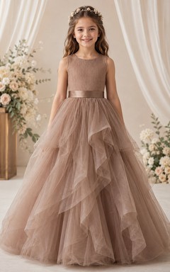 A-line Floor Length Sleeveless Tulle Flower Girl Dress with Taupe cascading ruffle tulle skirt