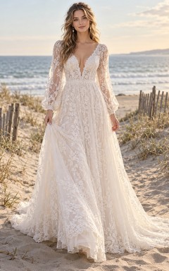 Boho Long Poet Sleeve Plunging Lace Flowing Bridal Wedding Dress