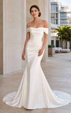 Minimalist Satin Wedding Dress Mermaid Off Shoulder Court Train Bridal Gown