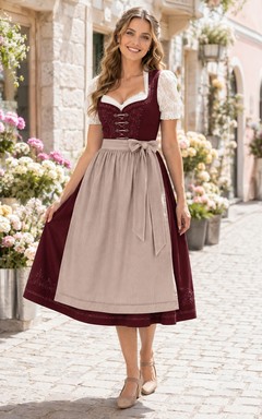 Vintage-Dirndlkleid aus Baumwolle, burgunderrot, cremefarben, mit eckigem Ausschnitt, kurzen Ärmeln und Teelänge, aus Baumwolle