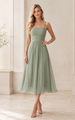 Schlichtes, cremefarbenes, quadratisches Spaghetti-Faltenkleid aus Chiffon in A-Linie mit Teelänge für Brautjungfern