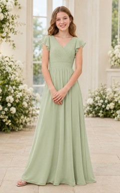Pistazienfarbenes Brautjungfernkleid für junge Damen, A-Linie, V-Ausschnitt, kurze Ärmel, Rüschen, romantisch, formell