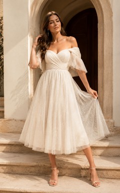 Robe de mariée en tulle mi-longue à épaules dénudées et manches bouffantes