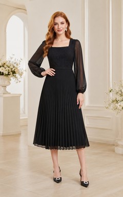 Black Chiffon Square Neck Illusion Long Sleeve Pleated Tea-length A-Line Dress