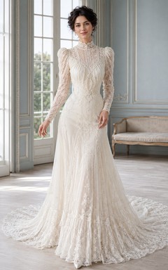 Vestido de novia blanco de encaje, estilo sirena, de manga larga y corte modesto, de estilo vintage.