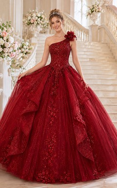 Rotes, ärmelloses Ballkleid aus Tüll mit floralen Applikationen, One-Shoulder-Ausschnitt und Schleppe für Quinceañeras