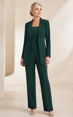 Dark Green Mother Jumpsuit with Jewel Neck Long Blazer Jacket and Straight Leg Pants