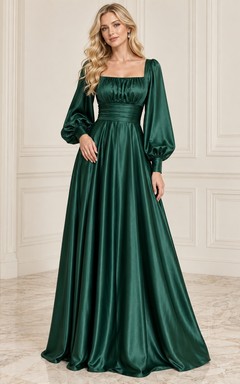 Vestido de noche formal de corte A, largo hasta el suelo, de satén esmeralda, con escote cuadrado, mangas obispo y cintura fruncida.