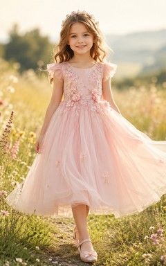 Blumenmädchenkleid aus rosafarbenem Tüll, A-Linie, Rundhalsausschnitt, Teelänge, mit Schärpendetails