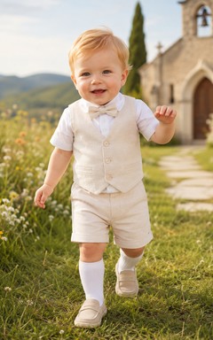 Landhausstil Elfenbein Kurzarm-Knopfweste Baby-Tauf-Shorts-Set