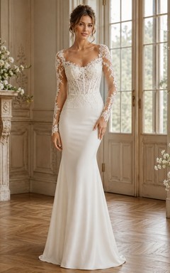 Langärmeliges Brautkleid aus Satin mit Korsett-Oberteil, Herzausschnitt und Meerjungfrauen-Schnitt, bodenlang