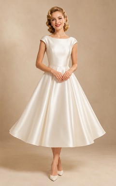 1950s Bateau Neck Cap Sleeve Satin Tea Length Wedding Dress