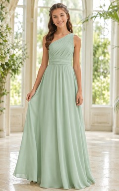 Elegantes junges Brautjungfernkleid in Celadon-Tönen, A-Linie, One-Shoulder, ärmellos, aus Chiffon