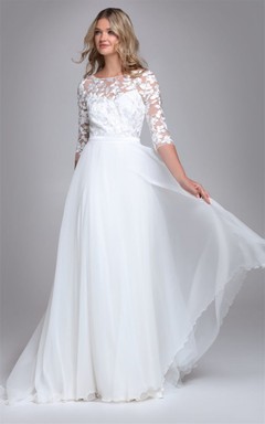 Elegantes A-Linien-Hochzeitskleid aus Chiffon mit U-Boot-Ausschnitt und Schleppe sowie Applikationen
