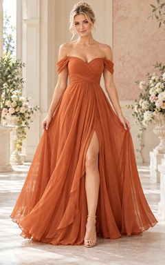 Burnt Orange Sweetheart Off Shoulder Chiffon Slit Evening Gown