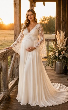 Robe de mariée rustique à col en V et manches longues en dentelle pour femme enceinte