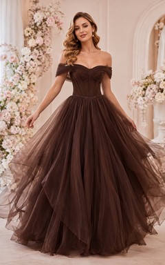 Brown Romantic Luxury Sweetheart Short-Sleeve Tulle Tiered Ball-Gown Floor-Length Formal Dress