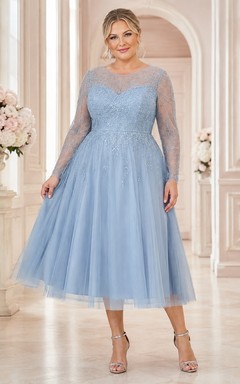 Plus Size Teelänge Langarm Illusion Tüll A-Linien-Kleid