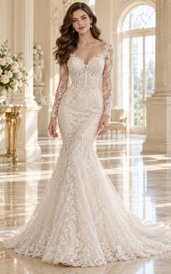 Long Sleeve Mermaid Corset V-neck Floral Lace Chapel Train Wedding Dress