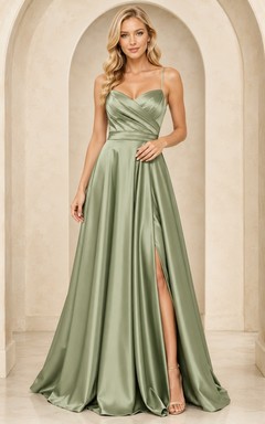 Sage Green Cowl Neck Split Satin A-Line Floor-Length Elegant Formal Gown