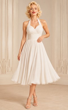 White Halter Sweetheart Backless Pleated Satin Vintage A-Line Tea Dress