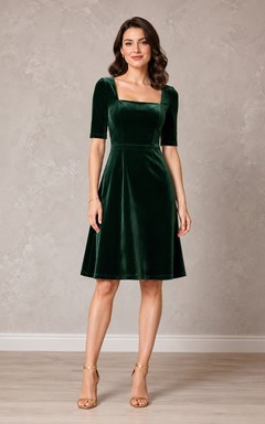 Dark Green Velvet Square Neck Short Sleeve Sheath Knee Dress