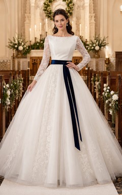 Winter Church Lace Sleeve Ball Gown Velvet Sash Dress
