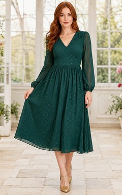 Forest Green Floral V Neck Long Sleeve Chiffon Tea Length Romantic Dress
