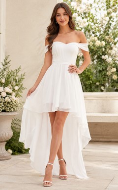 Modern White High-Low Off-Shoulder Chiffon A-Line Garden Cocktail Dress Outdoor
