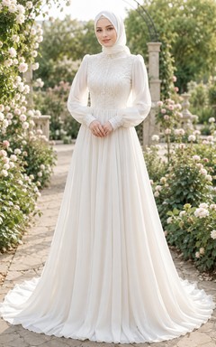 Vestido de novia musulmán modesto de gasa con corpiño de encaje y corte en A para ceremonia en el jardín.