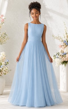 Vestido azul cielo para dama de honor junior, corte en A, sin mangas, color joya.