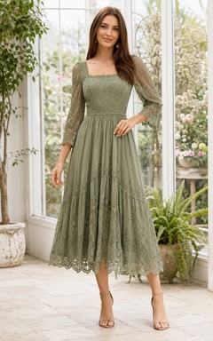 Celadon Square Illusion Lace Dreiviertelärmel Bohemian Garden Kleid für Gäste