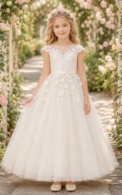 Blumenmädchenkleid aus elfenbeinfarbener Spitze und Tüll, A-Linie, kurze Ärmel, Rundhalsausschnitt, Teelänge, Schleife am Rücken