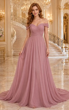 Robe de bal en tulle rose poudré à épaules dénudées, modèle Grand Ballroom