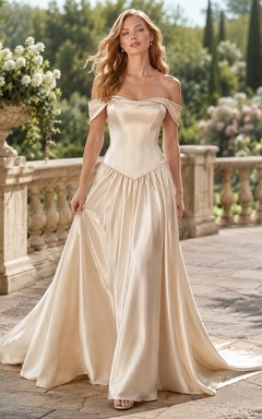Off Shoulder Natural Waist Satin Pleated Ball Bridal Gown