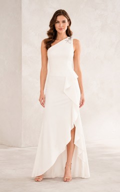 White Modern Cascading Ruffle One-Shoulder Sheath Formal Evening Gown