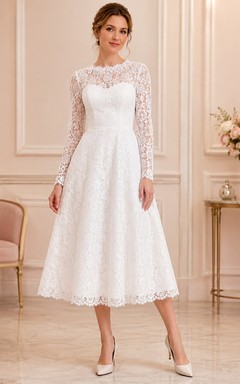 Romantic White Sweetheart Long Sleeve Lace A-Line Tea-length Formal Dress