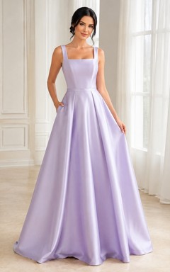 Lavender Satin Spaghetti Strap Square Neck A-Line Prom Dress