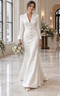 Vestido de novia de satén con mangas largas, cuello con muescas y botones, estilo sirena.
