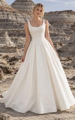 Vestido de novia vintage sencillo de corte A, sin mangas, de popelina tejida plisada, con escote redondo y sin mangas.