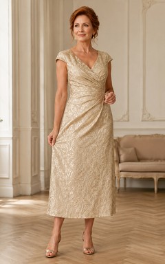 Soft Gold Elegant V-Neck Jacquard A-Line Tea-Length Mother of the Bride Midi Dress with Cap Sleeves and Wrap Bodice