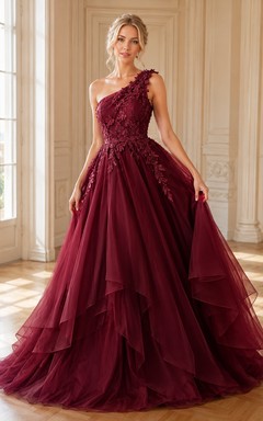 Burgundy One-Shoulder Ruffled Tulle Tiered Ball Gown Prom Dress