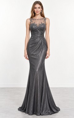 Steel Grey Illusion Lace Ruched Waist Shimmering Mermaid Evening Dress