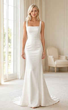 Square neck satin rehearsal mermaid gown with wide straps